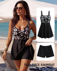 Sleeveless Floral Swimdress & Bottom Set with Adjustable Bust Tie