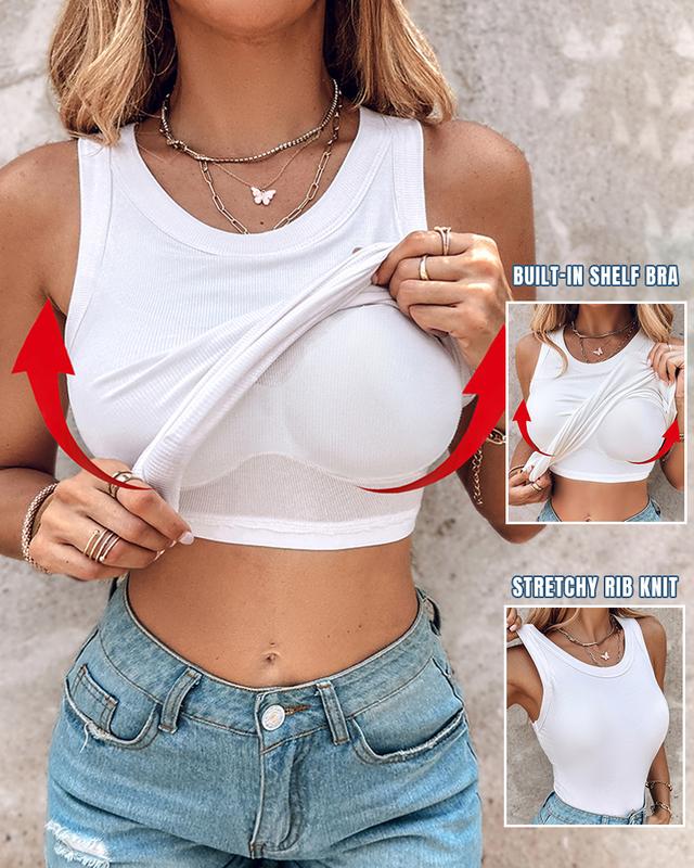 Tank Top with Built in Bra, Round Neck Ribbed Tank Top with Bra Pads