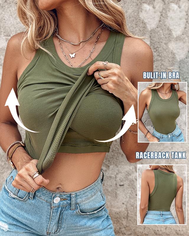 Tank Top with Built in Bra, Round Neck Ribbed Tank Top with Bra Pads Main image