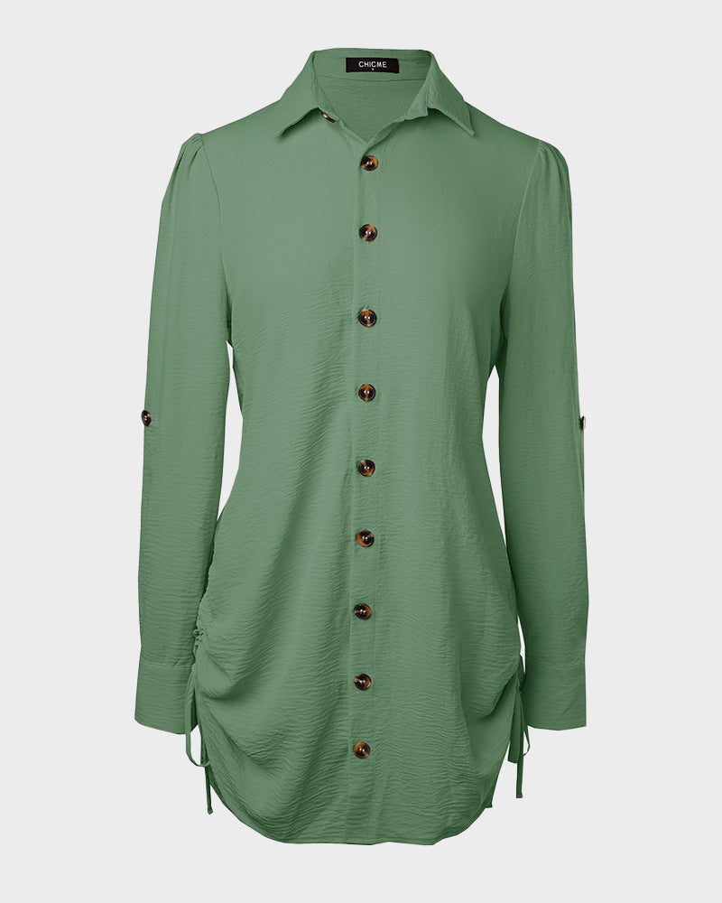 Long Sleeve Button Down Drawstring Shirt Dress