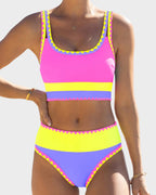 Color Contrast Patchwork Nylon Sporty 3 Piece Bikini Sets