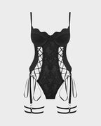 Faux Leather Lace Corset Bodysuit with Garter